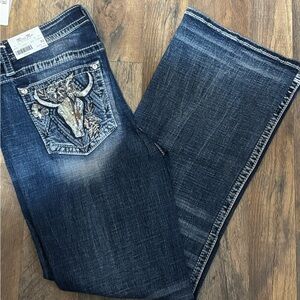 Miss Me Blue Flare Jeans with Skull Design